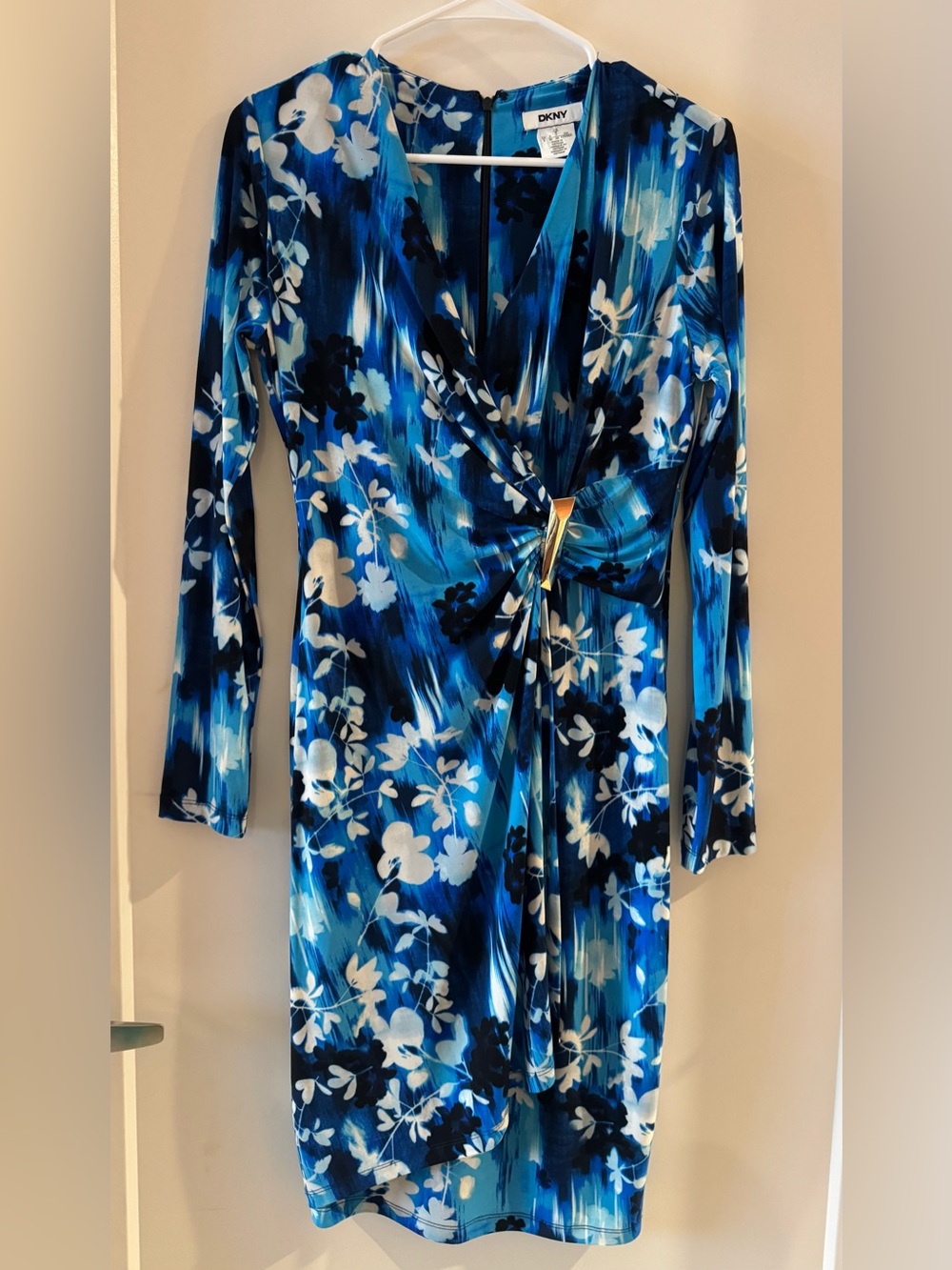 DKNY Blue & White Floral Twist-Front Long Sleeve Dress